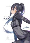  1girl arched_back artist_name black_bodysuit black_hair bodysuit breasts contrapposto cowboy_shot eyebrows_visible_through_hair hair_between_eyes hong_(white_spider) long_hair outside_border pitohui_(sao) ponytail sidelocks simple_background small_breasts smile solo sword_art_online sword_art_online_alternative:_gun_gale_online tattoo tsurime very_long_hair violet_eyes white_background 