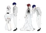  3others alternate_costume alternate_hairstyle androgynous bangs bare_shoulders blue_eyes blue_hair blunt_bangs blush closed_eyes diamond_(houseki_no_kuni) dress dual_persona formal gloves hair_bun hair_over_one_eye hand_holding hand_kiss height_difference high_heels houseki_no_kuni kiss looking_at_another mina_hiragi phosphophyllite phosphophyllite_(ll) red_eyes redhead see-through shinsha_(houseki_no_kuni) short_hair smile sparkle spoilers suit tied_hair vest white_background white_eyes white_hair 