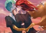  2others androgynous blurry blurry_background character_name clipboard closed_eyes colored_eyelashes elbow_gloves eyebrows_visible_through_hair eyes_visible_through_hair gem_uniform_(houseki_no_kuni) gloves gold golden_arms green_eyes green_hair highres houseki_no_kuni indirect_kiss looking_at_another mercury necktie phosphophyllite redhead shinsha_(houseki_no_kuni) short_hair tsushima_touko 