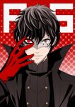  1boy amamiya_ren black_hair copyright_name gloves grey_eyes haru_(toyst) heterochromia looking_at_viewer male_focus mask parted_lips persona persona_5 red_eyes red_gloves smile upper_body 