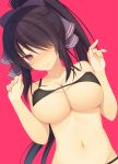  1girl @_@ aotsu_karin arms_up bangs black_hair black_swimsuit blush breasts cleavage collarbone commentary_request fingernails hair_over_one_eye hair_ribbon high_ponytail large_breasts long_hair looking_at_viewer navel nose_blush original ponytail red_background red_eyes revision ribbon sidelocks simple_background sweatdrop swimsuit upper_body very_long_hair wavy_mouth 