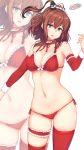  1girl alternate_costume artist_name bare_shoulders blue_eyes bra breasts brown_hair choker detached_sleeves hair_between_eyes highres kantai_collection large_breasts long_hair open_mouth osterei red_bra red_choker red_legwear saratoga_(kantai_collection) side_ponytail signature simple_background smile solo underwear white_background zoom_layer 