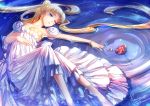  1girl bangs bare_shoulders barefoot bishoujo_senshi_sailor_moon blonde_hair blue_background blue_eyes bracelet crescent dress earrings facial_mark flower forehead_mark full_body hair_bun jewelry kaminary long_hair lying on_back parted_bangs princess_serenity red_flower red_rose rose signature solo strapless strapless_dress tsukino_usagi twintails water white_dress 