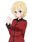  1girl arm_behind_back bangs blonde_hair blue_eyes braid clenched_hand closed_mouth commentary darjeeling epaulettes eyebrows_visible_through_hair girls_und_panzer highres jacket kohakope light_frown long_sleeves looking_at_viewer military military_uniform red_jacket short_hair simple_background solo st._gloriana&#039;s_military_uniform standing tied_hair twin_braids uniform upper_body white_background 