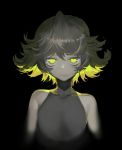  1girl absurdres amrkdrw bangs bare_shoulders black_background closed_mouth covered_collarbone flipped_hair frown green_eyes hair_between_eyes highres looking_at_viewer original short_hair simple_background sleeveless solo turtleneck upper_body 