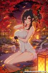  1girl autumn_leaves black_hair breasts clouds covered_navel glint gyakushuu_no_fantasica hair_ornament hair_up lantern large_breasts moriko06 night night_sky official_art onsen outdoors paper_lantern red_eyes rock sitting sky soaking_feet tassel towel water 