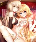  2girls ahoge babydoll bangs bare_shoulders black_gloves blonde_hair blue_eyes blush bow breasts cleavage collarbone commentary_request crescent dress elbow_gloves eyebrows_visible_through_hair fate/apocrypha fate/grand_order fate_(series) flower gloves hair_between_eyes hand_holding head_tilt highres interlocked_fingers jeanne_d&#039;arc_(alter)_(fate) jeanne_d&#039;arc_(fate) jeanne_d&#039;arc_(fate)_(all) large_breasts light_brown_hair long_hair looking_at_viewer looking_to_the_side lying mallizmora multiple_girls navel on_back parted_lips pillow thigh-highs very_long_hair white_bow white_flower white_gloves white_legwear yellow_eyes 
