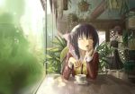  2girls ;o blue_hair bow breasts cafe commentary cup hair_bow highres indoors large_breasts long_hair multiple_girls noihara_himari omamori_himari one_eye_closed open_mouth plant plex ponytail reflection school_uniform sitting table teacup violet_eyes waitress walking window yawning 