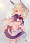  1girl alternate_costume apron ayanami_(azur_lane) azur_lane bangs black_choker black_shirt black_skirt blonde_hair blush bow breasts choker commentary_request crop_top enmaided eyebrows_visible_through_hair hair_between_eyes hair_ornament headgear high_ponytail karinto_yamada light_brown_hair long_hair looking_at_viewer maid midriff navel one_eye_closed parted_lips ponytail puffy_short_sleeves puffy_sleeves red_bow red_eyes shirt short_sleeves signature skindentation skirt small_breasts solo thigh-highs under_boob very_long_hair waist_apron white_apron white_legwear 