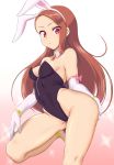  1girl animal_ears black_leotard breasts brown_hair bunny_girl bunny_tail bunnysuit detached_collar elbow_gloves gloves gradient gradient_background highres idolmaster idolmaster_(classic) idolmaster_2 leotard long_hair looking_at_viewer minase_iori nagasode_(48789563) pink_background rabbit_ears red_eyes small_breasts solo sparkle standing standing_on_one_leg strapless strapless_leotard tail white_background white_gloves 