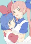  2girls absurdres bangs blue_bow blue_dress blue_eyes blue_hair blush bow collared_dress donguri_suzume dress hair_bow hair_ribbon hand_on_shoulder headband highres long_hair looking_at_viewer multiple_girls omega_rei omega_rio omega_sisters pink_hair puffy_short_sleeves puffy_sleeves red_dress ribbon short_hair short_sleeves twintails very_long_hair virtual_youtuber yellow_eyes 