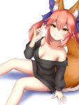  1girl animal_ears bare_shoulders blue_ribbon blush breasts cleavage clothes_pull collarbone commentary_request fate/extra fate/grand_order fate_(series) fox_ears fox_shadow_puppet fox_tail hair_ribbon highres large_breasts long_hair looking_at_viewer looking_up pink_hair rachione ribbon simple_background smile solo sweater sweater_pull tail tamamo_(fate)_(all) tamamo_no_mae_(fate) white_background yellow_eyes 