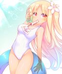  1girl azur_lane bangs blonde_hair blue_hair blue_innertube blush bottle breasts cleveland_(azur_lane) collarbone covered_navel eyebrows_visible_through_hair flower food food_in_mouth gradient_hair groin hair_flower hair_ornament highleg highleg_swimsuit holding holding_bottle holding_innertube innertube long_hair looking_at_viewer medium_breasts mouth_hold multicolored_hair name_tag new_school_swimsuit one-piece_swimsuit one_side_up parted_bangs popsicle red_eyes sakurato_ototo_shizuku school_swimsuit solo swimsuit tan transparent very_long_hair water_bottle wet white_flower white_school_swimsuit white_swimsuit 