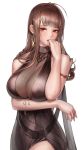  1girl ahoge alternate_costume armlet bangs bare_arms blush breast_hold breasts brown_hair choker cleavage cowboy_shot dress dsr-50_(girls_frontline) earrings gem girls_frontline hand_to_own_mouth jewelry large_breasts long_hair looking_at_viewer monaim open_mouth pendant red_eyes ring see-through simple_background sleeveless sleeveless_dress solo standing wedding_band white_background 