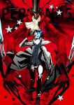  1boy 2016 amamiya_ren arsene_(persona_5) bangs black_footwear black_hair black_pants copyright_name dated gloves grey_cape highres holding holding_mask long_hair male_focus mask pants persona persona_5 red_background red_gloves shadow shoochiku_bai signature smile star yellow_eyes 