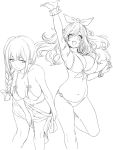  2girls angelo_(gomahangetsu) bikini blush bow bow_bikini braid breasts character_request cleavage highres large_breasts lineart long_hair looking_at_viewer multiple_girls open_mouth scrunchie smile sweatdrop swimsuit undressing waving work_in_progress wrist_scrunchie 