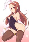  1girl animal_ears black_leotard breasts brown_hair brown_legwear bunny_girl bunny_tail bunnysuit detached_collar gloves gradient gradient_background highres idolmaster idolmaster_(classic) idolmaster_2 leotard long_hair looking_at_viewer minase_iori nagasode_(48789563) pink_background rabbit_ears red_eyes small_breasts solo sparkle standing standing_on_one_leg strapless strapless_leotard tail thigh-highs white_background white_gloves 