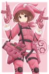  1girl animal_hat bandanna bangs belt brown_hair bullpup bunny_hat closed_mouth commentary_request cowboy_shot dual_wielding elbow_pads emblem eyebrows_visible_through_hair gloves gun hat highres holding ichigotofu jacket knee_pads llenn_(sao) looking_at_another looking_at_viewer outside_border p-chan_(sao) p90 pants pink_background pink_bandanna pink_eyes pink_gloves pink_hat pink_jacket pinky_out short_hair skorpion_vz._61 smirk solo standing submachine_gun sword_art_online sword_art_online_alternative:_gun_gale_online tactical_clothes trigger_discipline utility_belt v-shaped_eyebrows weapon 