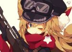  1girl animal_ears black_gloves blonde_hair blue_eyes commentary_request gloves goggles goggles_on_headwear gun hair_between_eyes hat long_hair looking_at_viewer mole mole_under_eye muuran one_eye_closed original peaked_cap red_scarf rifle scarf simple_background smile star star_print weapon 