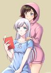  2girls blue_eyes book brown_hair commentary grey_eyes highres hood hooded_pajamas hoodie kio_rojine multiple_girls pajamas ruby_rose rwby scar scar_across_eye smile weiss_schnee white_hair 