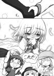  4girls animal_ears blush comic dango dress ear_clip flat_cap food greyscale hand_holding hat highres horns ibuki_suika kishin_sagume komeiji_koishi kouba long_sleeves medium_hair monochrome multiple_girls oni rabbit_ears ringo_(touhou) seiran_(touhou) shirt short_hair short_sleeves single_wing suit_jacket t-shirt touhou translation_request wagashi wings 