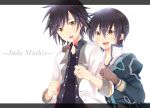  2boys black_hair black_shirt brown_eyes character_name dual_persona green_jacket jacket jude_mathis long_sleeves multiple_boys open_mouth puffy_sleeves rento_(rukeai) shirt simple_background smile spiky_hair tales_of_(series) tales_of_xillia tales_of_xillia_2 white_background white_jacket 