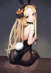  1girl abigail_williams_(fate/grand_order) animal_ears ass bangs bare_shoulders black_bow black_hairband black_legwear black_leotard blonde_hair blue_eyes blush bow breasts bunny_girl bunny_tail bunnysuit closed_mouth fake_animal_ears fate/grand_order fate_(series) forehead hair_bow hairband head_tilt leotard long_hair looking_at_viewer looking_back orange_bow pantyhose parted_bangs polka_dot polka_dot_bow rabbit_ears sitting small_breasts solo strapless strapless_leotard sunga2usagi tail very_long_hair wrist_cuffs 
