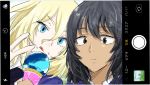  2girls :q andou_(girls_und_panzer) bangs black_hair blonde_hair blue_eyes brown_eyes closed_eyes closed_mouth commentary dark_skin eyebrows_visible_through_hair face food food_on_face girls_und_panzer highres holding holding_food ice_cream landscape looking_at_viewer medium_hair messy_hair multiple_girls osatou oshida_(girls_und_panzer) phone_screen sketch smile tongue tongue_out translated 