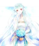  1girl bare_shoulders blue_hair bouquet breasts bridal_veil bride cape dress elbow_gloves fire_emblem fire_emblem:_rekka_no_ken fire_emblem_heroes flower gloves hair_ornament kuzumosu long_hair looking_at_viewer mamkute ninian red_eyes smile solo veil 