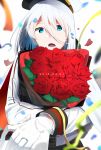  1girl aqua_eyes azur_lane blue_eyes bouquet cape confetti cross cross_earrings earrings flower german gloves hat jewelry looking_at_viewer military_hat mugino_kouji open_mouth proposal ring rose short_hair solo tirpitz_(azur_lane) white_background white_gloves white_hair 