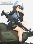  1girl ammunition_belt ankle_boots bangs blue_footwear blue_hat blue_jacket blue_skirt boots brown_eyes brown_hair chin_rest closed_mouth commentary_request emblem eyebrows_visible_through_hair eyebrows_visible_through_hat finnish girls_und_panzer grey_background grey_legwear ground_vehicle gun hand_on_weapon hat highres ichigotofu jacket keizoku_military_uniform leaning_to_the_side light_smile long_hair long_sleeves looking_at_viewer machine_gun mika_(girls_und_panzer) military military_uniform military_vehicle miniskirt motor_vehicle one_eye_closed pleated_skirt raglan_sleeves simple_background sitting skirt socks solo tank track_jacket translation_request uniform vehicle_request very_long_hair weapon weapon_request zipper zipper_pull_tab 