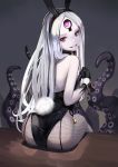  1girl abigail_williams_(fate/grand_order) animal_ears ass back bangs bare_shoulders black_bow bow bowtie bunny_girl bunny_tail bunnysuit detached_collar fate/grand_order fate_(series) fishnet_pantyhose fishnets grin hair_bow hips keyhole leotard long_hair looking_at_viewer orange_bow pantyhose parted_bangs polka_dot polka_dot_bow rabbit_ears red_eyes silver_hair simple_background sitting smile solo strapless strapless_leotard sunga2usagi tail tentacle third_eye very_long_hair white_skin wrist_cuffs 