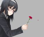  1girl bangs black_hair black_jacket black_neckwear blurry blurry_background brown_eyes carnation commentary crying crying_with_eyes_open dress_shirt flower formal from_side frown girls_und_panzer grey_background hairband highres holding holding_flower jacket long_hair mourning necktie petals reizei_mako sad shirt solo standing tacch tears upper_body white_hairband white_shirt wind 