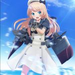  1girl aiming blonde_hair blue_eyes blue_sailor_collar blue_sky cannon clouds cowboy_shot day dress gloves hat highres jervis_(kantai_collection) kantai_collection long_hair looking_at_viewer open_mouth outdoors ponpu-chou sailor_collar sailor_dress sailor_hat short_sleeves sky solo turret white_dress white_gloves white_hat 