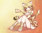 1girl :o animal_ears blonde_hair bow bowtie cat_ears cat_tail commentary elbow_gloves eyebrows_visible_through_hair gloves high-waist_skirt highres kemono_friends kneehighs looking_at_viewer print_gloves print_legwear print_neckwear print_skirt sand_cat_(kemono_friends) sand_cat_print shirt shoe_bow shoes sitting skirt sleeveless sleeveless_shirt solo tail tamiku_(shisyamo609) white_belt yellow_background yellow_eyes yellow_gloves yellow_neckwear 