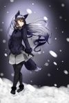  1girl animal_ears ass black_footwear black_gloves black_jacket black_legwear black_neckwear bow bowtie extra_ears eyebrows_visible_through_hair fox_ears fox_tail full_body fur_trim gloves grey_skirt hand_on_hip highres jacket kemono_friends long_hair long_sleeves looking_to_the_side miniskirt necktie silver_fox_(kemono_friends) silver_hair skirt snow snowing solo tail tamiku_(shisyamo609) thigh-highs very_long_hair yellow_eyes 