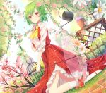  1girl ascot birdcage blue_sky blurry_foreground blush cage cherry_blossoms commentary day dutch_angle english_commentary eyebrows_visible_through_hair flower flower_pot full_body green_hair hair_between_eyes holding holding_flower holding_umbrella kazami_yuuka kneehighs kneeling konnyaku_(yuukachan_51) long_sleeves looking_at_viewer mary_janes outdoors petticoat pink_flower plaid plaid_skirt plaid_vest purple_flower red_eyes red_footwear red_skirt red_vest shirt shoes skirt sky solo touhou transparent_umbrella tree umbrella vest watering_can white_flower white_legwear white_shirt yellow_neckwear 