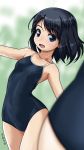  1girl artist_name black_eyes black_hair blue_swimsuit blurry competition_school_swimsuit cowboy_shot depth_of_field flat_chest green_background looking_at_viewer open_mouth original rohitsuka school_swimsuit short_hair smile solo swimsuit 