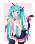  1girl :d ahoge animal_ears bangs bare_shoulders black_legwear black_skirt blue_eyes blush breasts cat_ears cat_girl cat_tail claw_pose collared_shirt commentary eyebrows_visible_through_hair fangs fingernails green_hair hair_between_eyes hakusai_(tiahszld) hands_up hatsune_miku kemonomimi_mode looking_at_viewer nail_polish necktie open_mouth pink_nails pink_neckwear pleated_skirt shirt skirt sleeveless sleeveless_shirt small_breasts smile solo tail thigh-highs twintails vocaloid white_shirt 