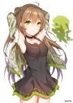  1girl ahoge armpits arms_behind_head bangs bare_shoulders between_breasts black_dress blush bow breasts brown_hair camouflage_jacket choker cleavage closed_mouth collarbone covered_navel dog_tags double_bun dress eyebrows_visible_through_hair fur-trimmed_jacket fur_trim girls_frontline green_eyes hair_bow jacket long_hair looking_at_viewer medium_breasts open_clothes open_jacket paaru rfb_(girls_frontline) short_dress sidelocks smile solo thighs twitter_username 