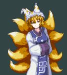  1girl bangs blonde_hair closed_mouth cowboy_shot dress eyebrows_visible_through_hair fox_tail frilled_sleeves frills hair_between_eyes hands_in_opposite_sleeves hat long_sleeves looking_at_viewer lowres multiple_tails pillow_hat pixel_art short_hair simple_background smile solo standing tabard tail touhou unk_kyouso white_dress wide_sleeves yakumo_ran yellow_eyes 