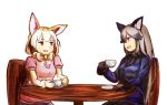  2girls :d animal_ears black_gloves black_neckwear blonde_hair blue_jacket bow bowtie chair cup eye_contact fennec_(kemono_friends) fox_ears fur_trim gloves grey_hair hand_on_table holding holding_cup jacket kemono_friends long_hair long_sleeves looking_at_another multiple_girls necktie open_mouth plate short_sleeves silver_fox_(kemono_friends) simple_background sitting smile steam table tamiku_(shisyamo609) very_long_hair white_background yellow_eyes yellow_neckwear 