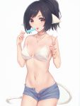  1girl animal_ears bikini bikini_under_clothes black_hair bracelet breasts brown_eyes choker eyebrows_visible_through_hair food highres jewelry kuon_(utawareru_mono) looking_at_viewer medium_breasts miura-n315 navel pendant popsicle short_hair short_ponytail short_shorts shorts solo standing swimsuit tail tongue tongue_out utawareru_mono utawareru_mono:_itsuwari_no_kamen v white_background white_bikini 