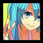  1girl bare_shoulders blue_eyes blue_hair border close-up face fingernails green_background hair_between_eyes happy hatsune_miku looking_at_viewer lowres mohi_(neku_re) shaded_face shirt simple_background sleeveless smile solo_focus twintails upper_body v vocaloid white_shirt 