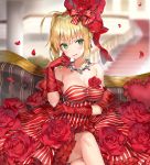  1girl :d ahoge bangs bare_shoulders blonde_hair blurry blurry_background blush bow breasts cleavage collarbone commentary_request couch depth_of_field dress earrings elbow_gloves eyebrows_visible_through_hair fate/extra fate_(series) flower gloves green_eyes hair_between_eyes hair_bow hand_up head_tilt indoors jewelry looking_at_viewer medium_breasts momoko_(momopoco) necklace nero_claudius_(fate) nero_claudius_(fate)_(all) on_couch open_mouth petals railing red_bow red_dress red_flower red_gloves red_rose rose rose_earrings rose_petals sidelocks sitting smile solo stairs strapless strapless_dress striped striped_bow striped_dress 