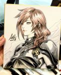  1girl armor armpits blue_eyes breastplate elbow_gloves final_fantasy final_fantasy_xiii final_fantasy_xiii-2 from_side gloves highres lightning_farron lightning_returns:_final_fantasy_xiii marker_(medium) pauldrons pink_hair shoulder_armor signature solo stanley_lau traditional_media 