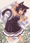  1girl animal_ears armpits bracelet brown_dress brown_hair cat_ears character_request copyright_request dark_skin dress fang feet_out_of_frame grey_eyes hair_ornament hairclip highres jewelry kaginoni leaning_forward open_mouth paw_pose plant sleeveless sleeveless_dress solo spaghetti_strap 