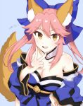  1girl animal_ears blue_background blue_bow bow breasts cleavage collarbone dated detached_sleeves fate/extra fate/grand_order fate_(series) fox_ears fox_tail hair_ribbon hand_on_hip japanese_clothes large_breasts looking_at_viewer miripippo open_mouth pink_hair ribbon simple_background solo tail tamamo_(fate)_(all) tamamo_no_mae_(fate) yellow_eyes 
