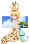  1girl :3 animal_ears back-to-back blonde_hair blue_sky bow bowtie clouds cloudy_sky commentary_request day elbow_gloves extra_ears eyebrows_visible_through_hair fur_collar gloves highres kanzarin_(hoochikiss) kemono_friends looking_at_viewer lucky_beast_(kemono_friends) outdoors serval_(kemono_friends) serval_ears serval_print serval_tail shirt short_hair sitting sky sleeveless sleeveless_shirt solo tail thigh-highs tree yellow_eyes 