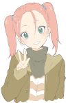  1girl absurdres bangs blush character_request copyright_request donguri_suzume forehead green_eyes grin head_tilt highres jacket looking_at_viewer pink_hair shirt smile solo striped striped_shirt turtleneck two_side_up v 